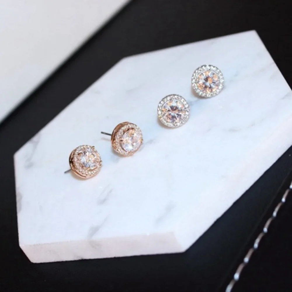 NEW Brilliant Cut Round Diamond Halo Silver Stud Earrings